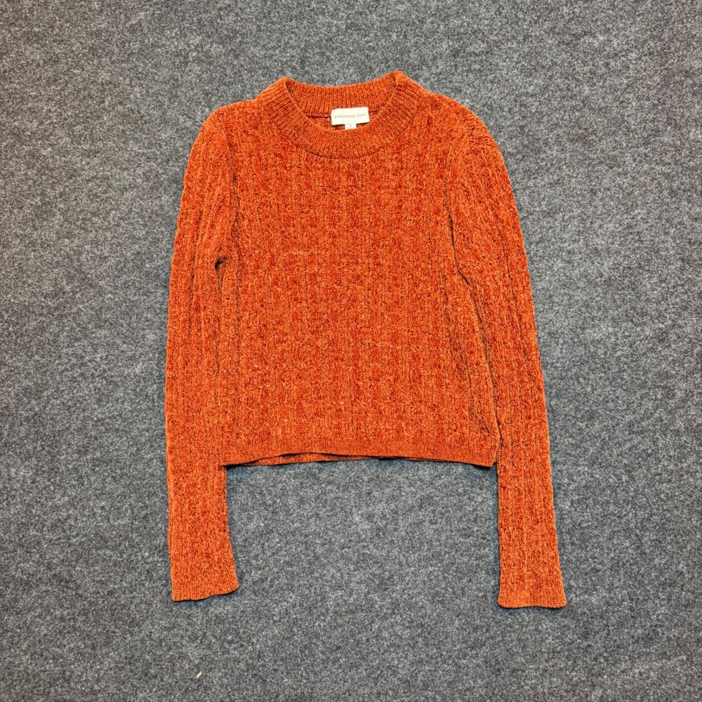 Something Navy Burnt Orange Chenille Cable Knit Crew Neck Cropped Sweater Small